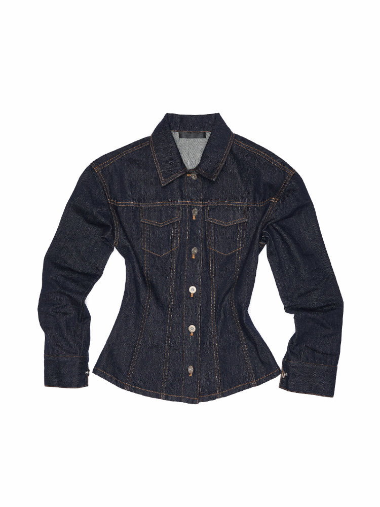 Raw Denim Wide-Shoulder Waist-Cinching Jacket Set