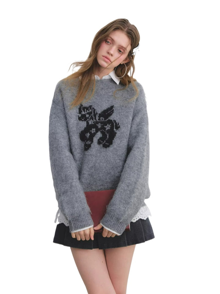 Jacquard Wool Blend Crewneck Sweater