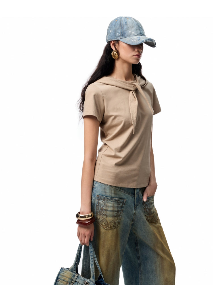 Hooded Bow Solid-Color T-shirt