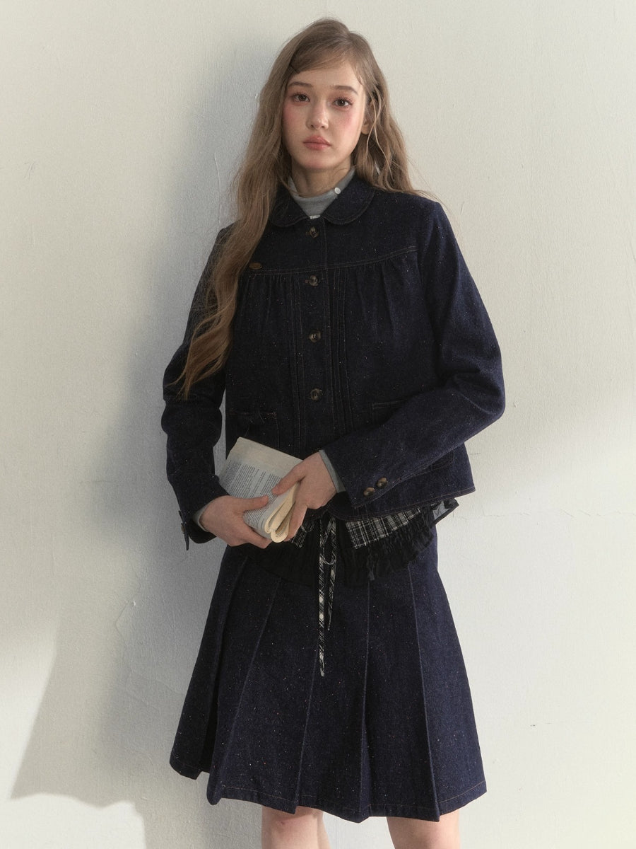 Vintage College Denim Padded Jacket & Skirt Set