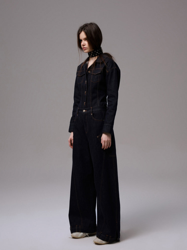 Raw Denim Wide-Shoulder Waist-Cinching Jacket Set