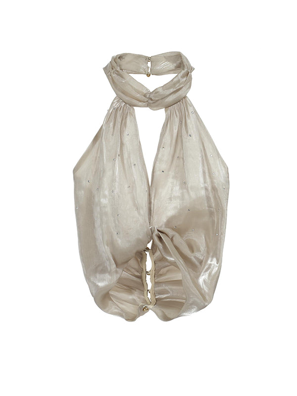 Gold Rhinestone Halter Organza Camisole