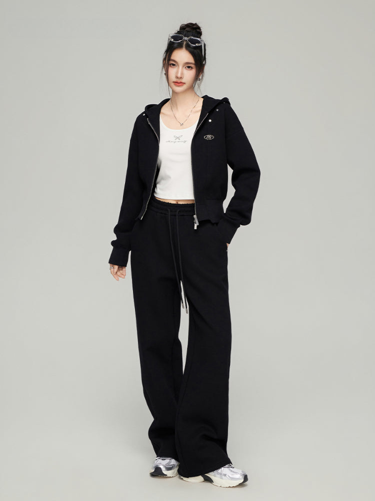 Black & White Zipper Casual Hoodie Set