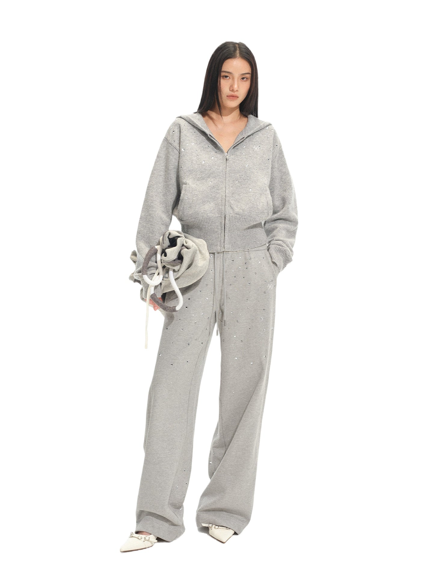 Gradient Rhinestone Cotton Knit Wide-Leg Pants