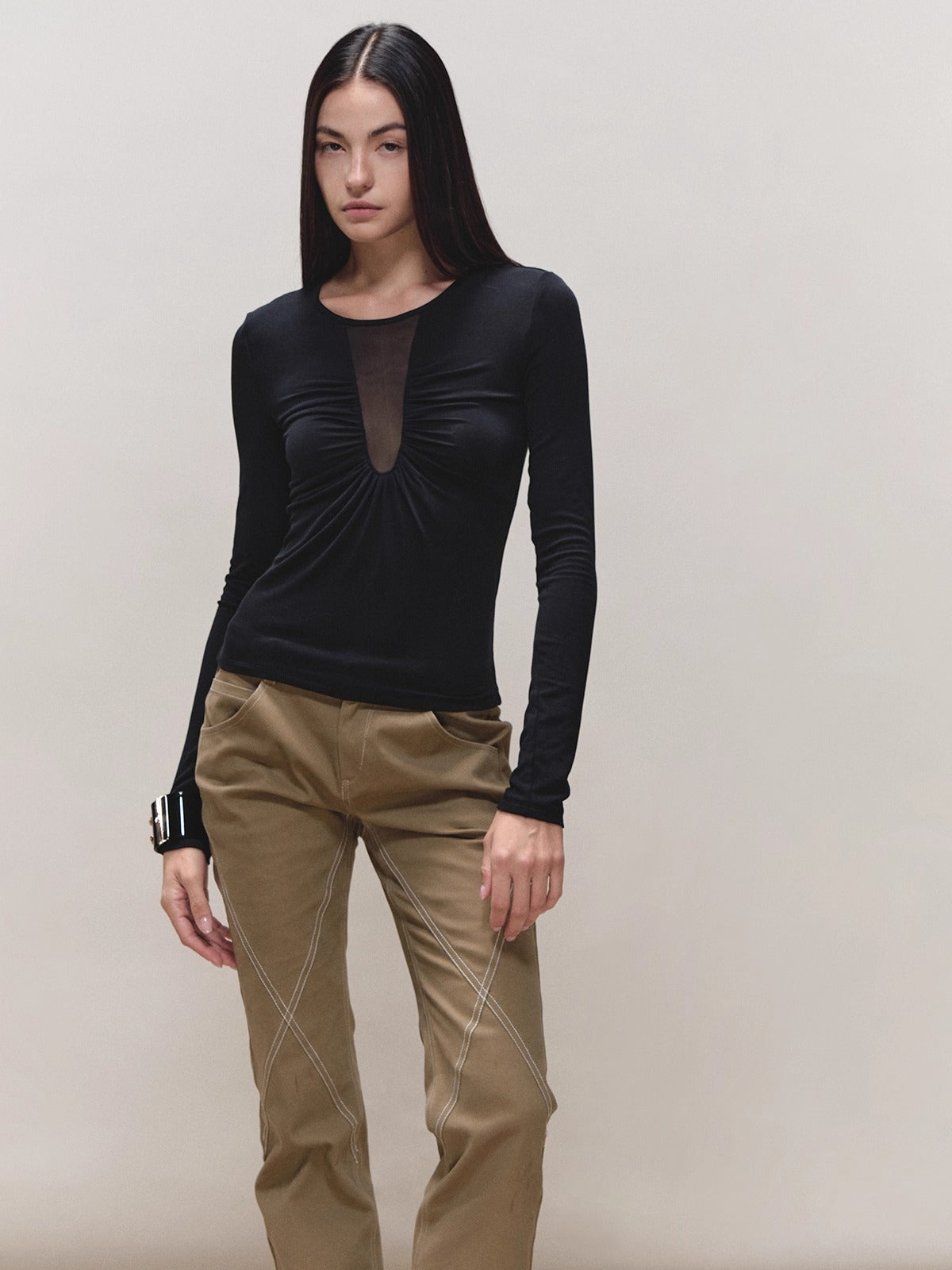 Tencel Ruched Mesh V-Neck Top