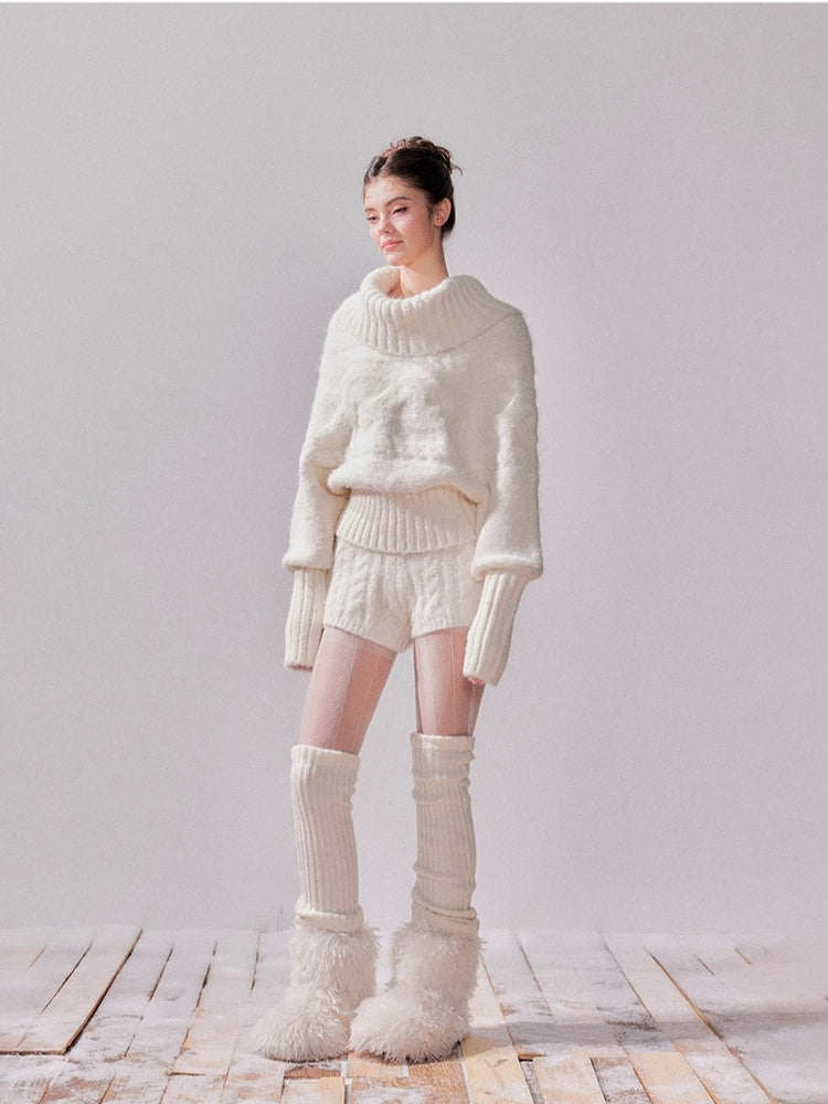 Oversized Turtleneck Off-Shoulder Sweater & Skirt Set