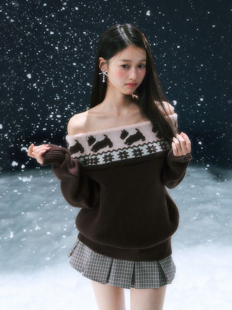 Brown Fair Isle Off-shoulder Sweater & Skirt Set