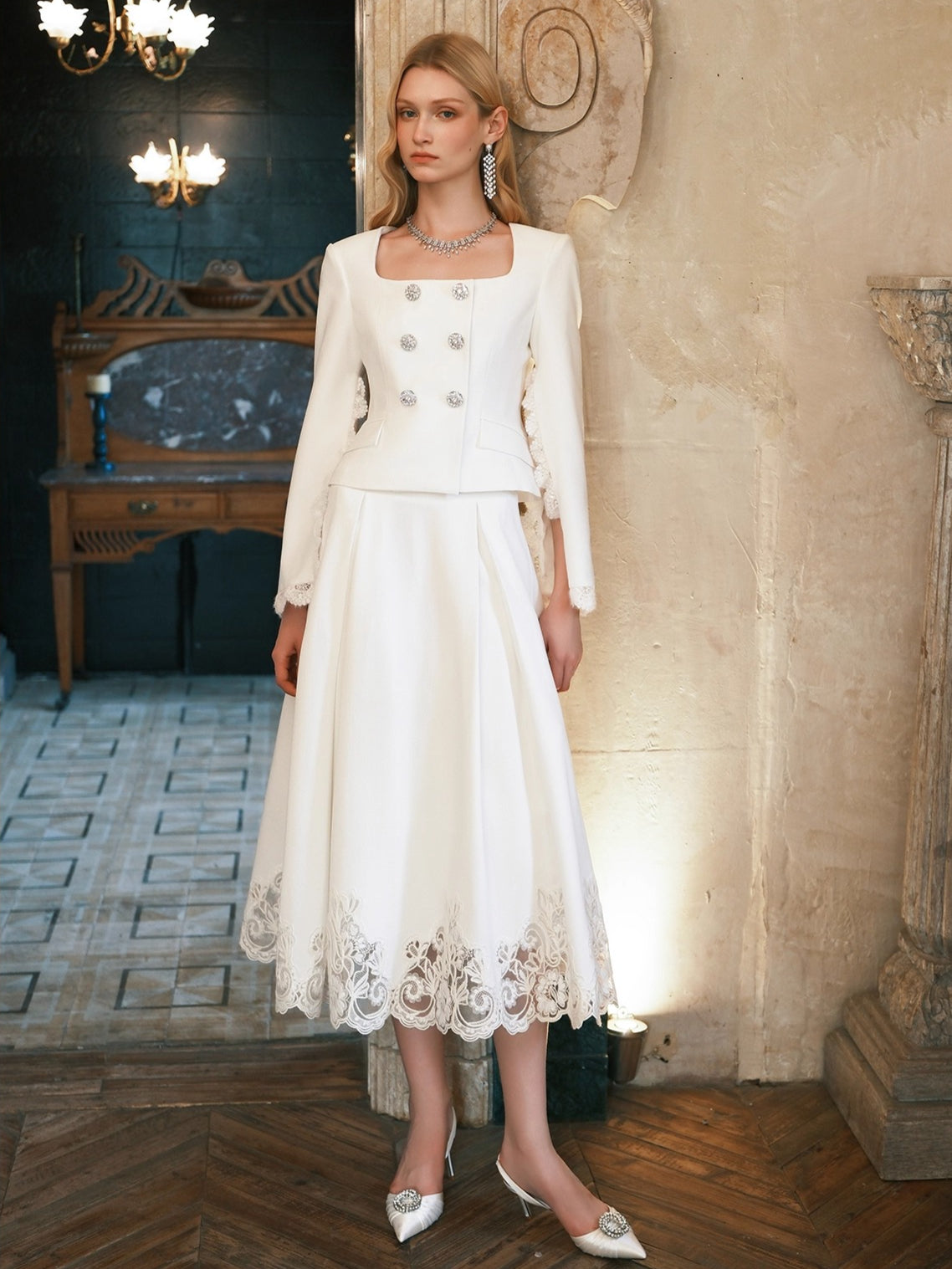 Mirage Vintage Lace-Collar Blazer & Flared Skirt Set