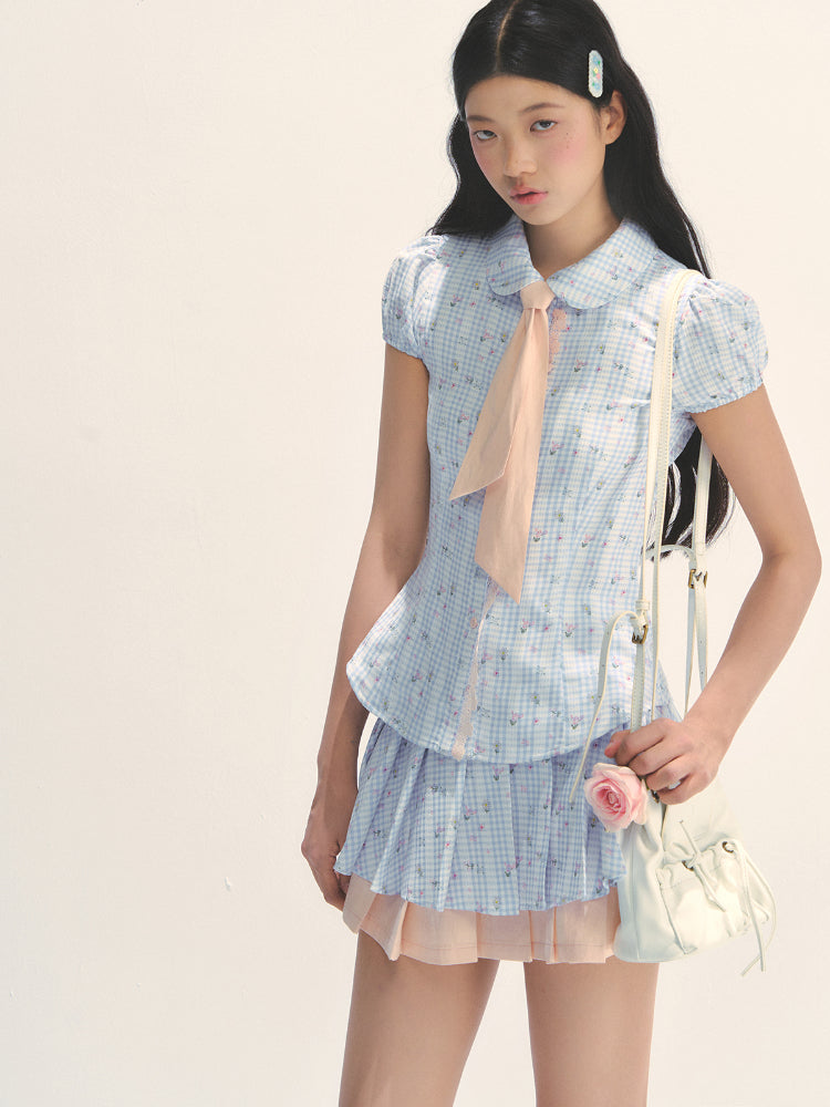 Blue Floral Contrast Check Shirt & Skirt Set