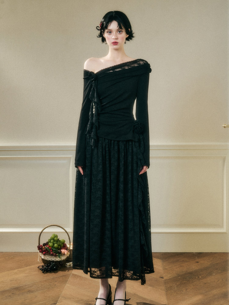 Lace Floral Asymmetrical Off-Shoulder Top & Skirt Set