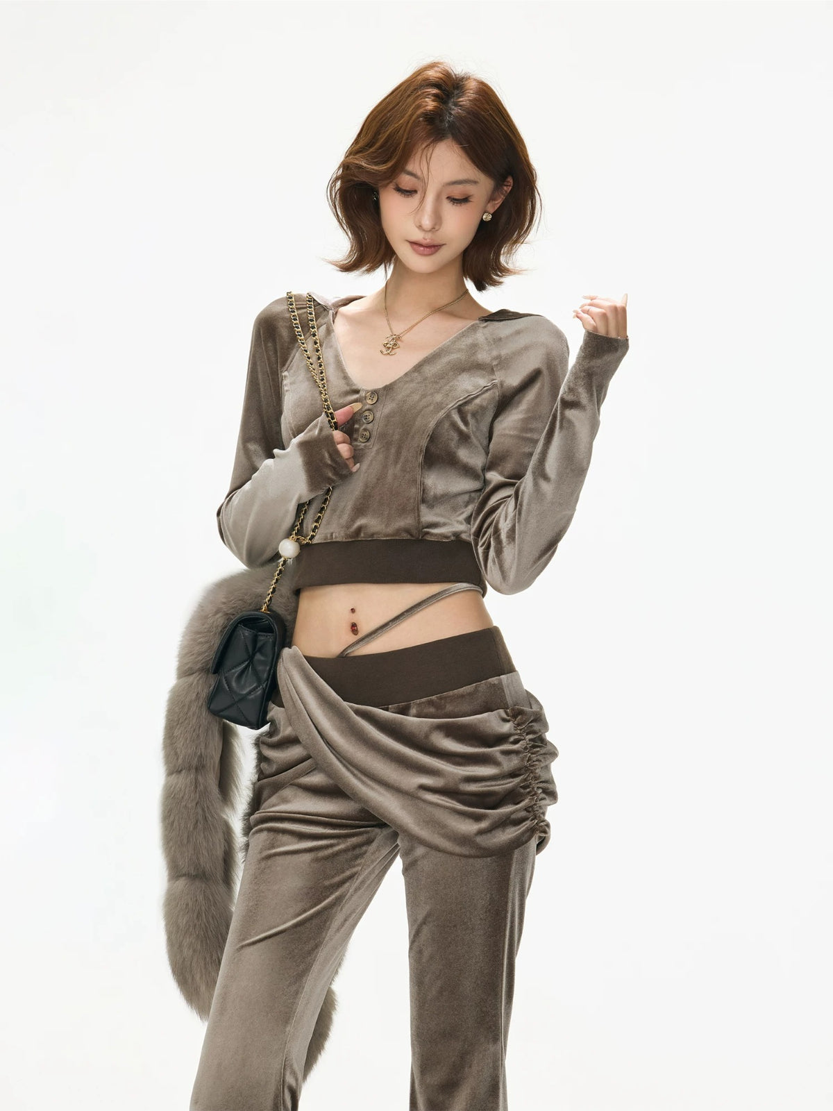 Velvet Hooded Cropped Flared Pants Set