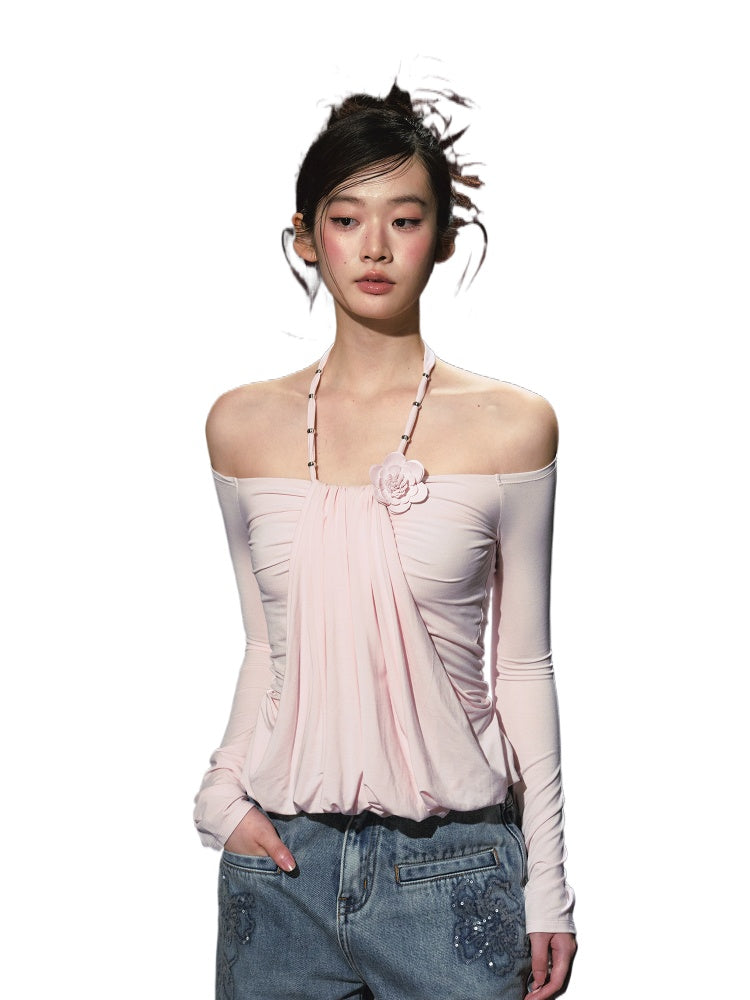 Fake Two-Piece Halter Ruched Floral One-Shoulder Blouse