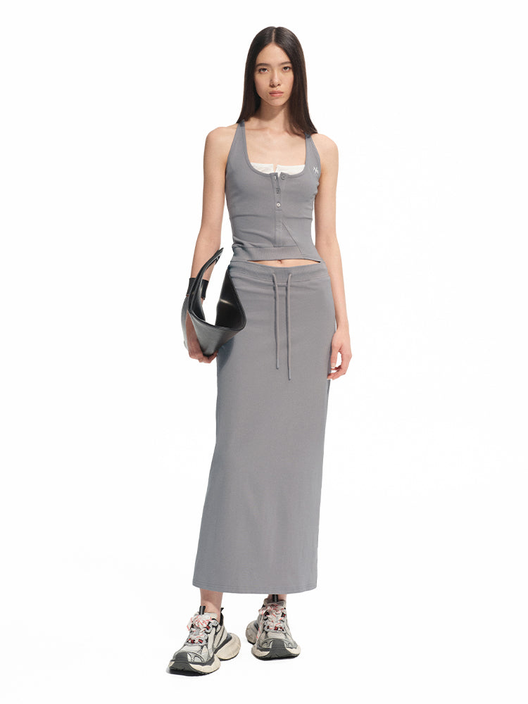 Contrast Color Fake Two-piece Waist Hollow Dress