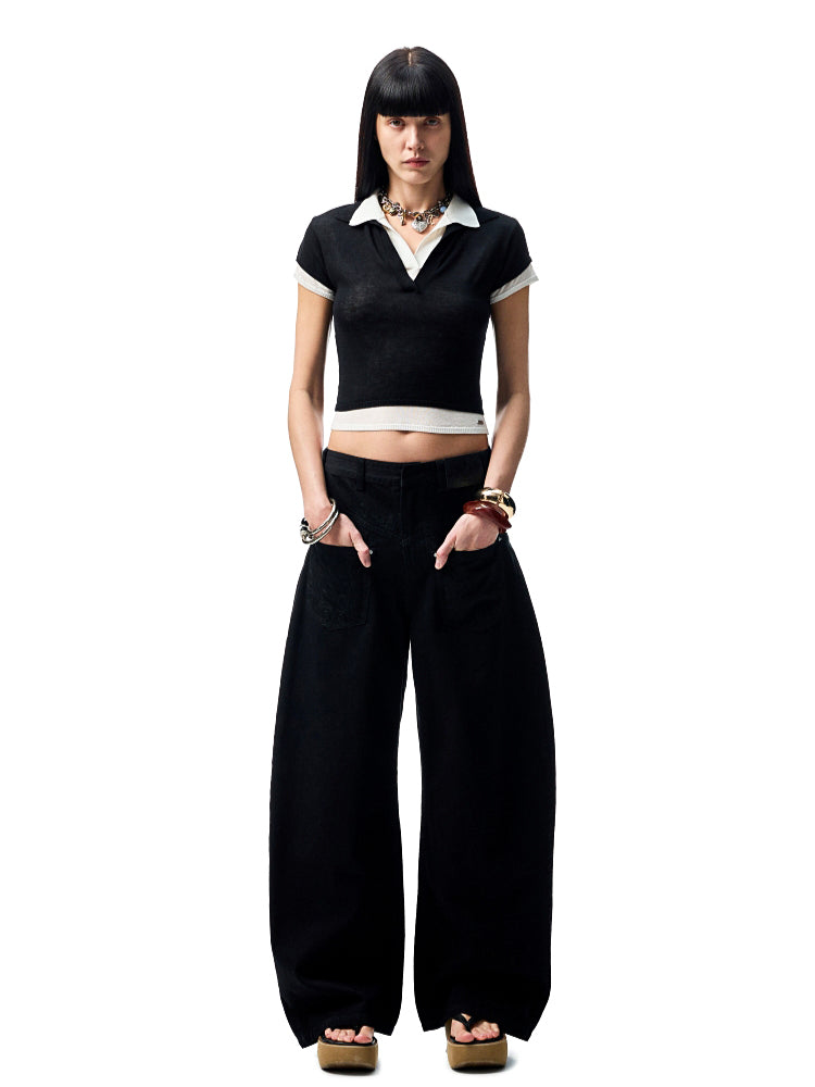 Color-Blocking Fake Two-piece Knit Polo Shirt