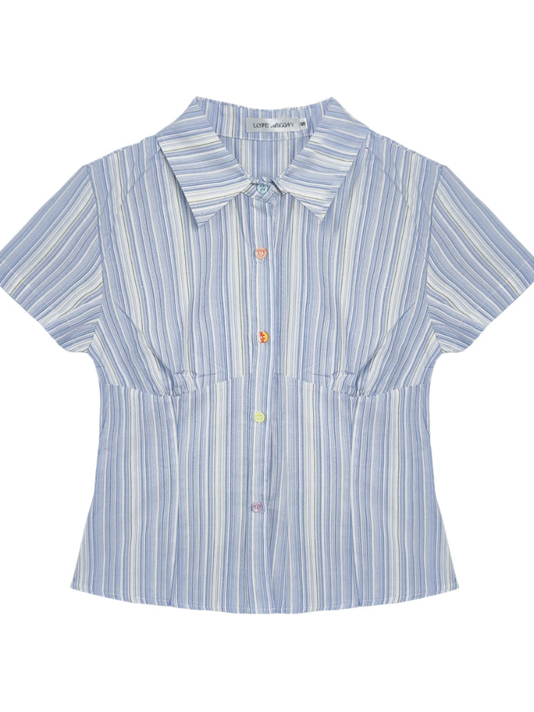 Colorful Buttons Striped College - Style Shirt & Skirt Set