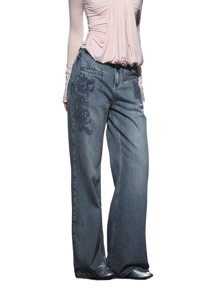 Beaded Embroidery Wide-Leg Straight Jeans