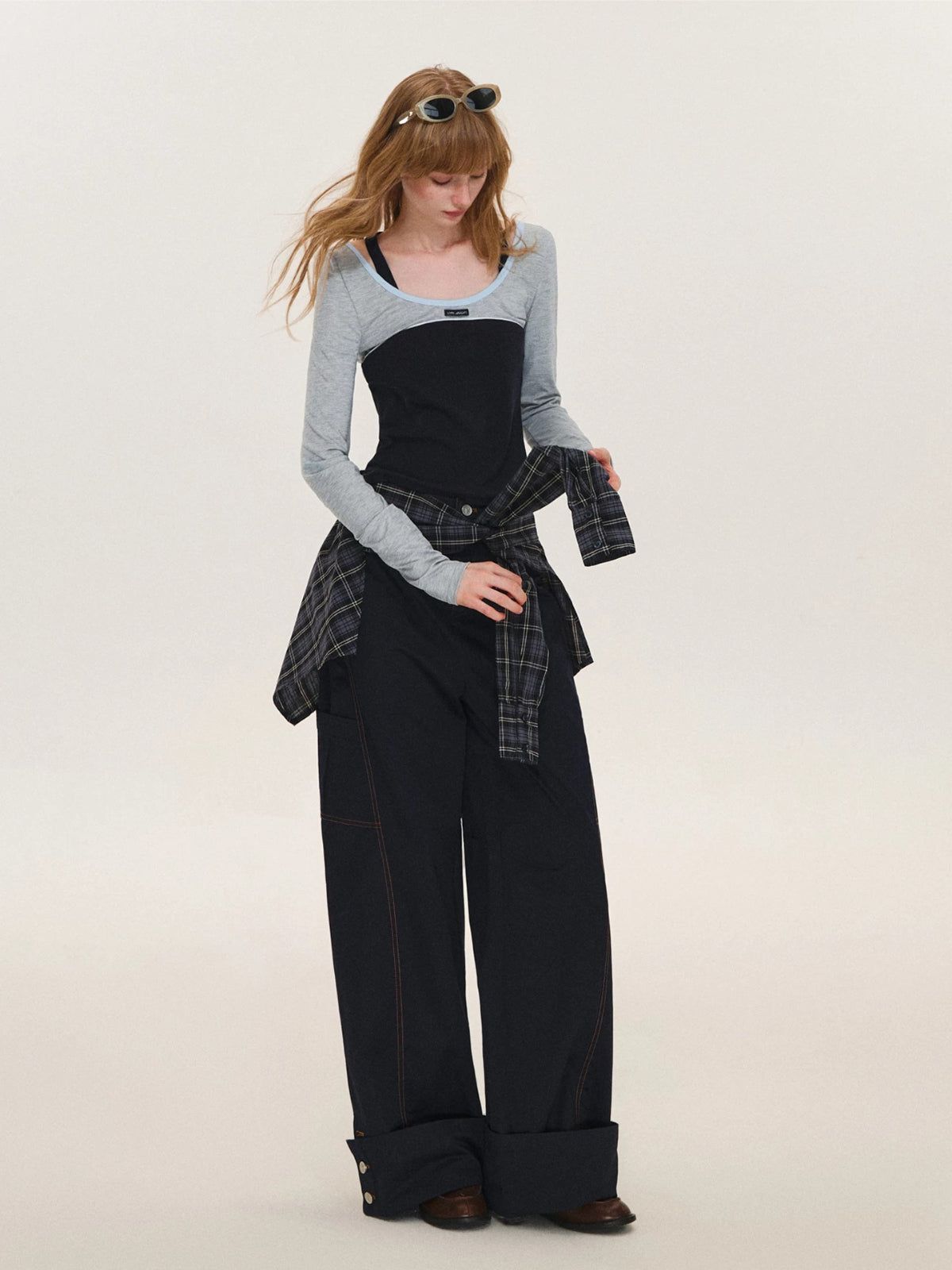 Detachable Plaid Cargo Wide Leg Pants
