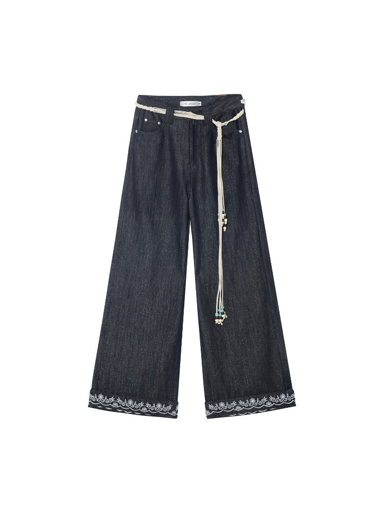Navy Blue Boho Embroidered Belted Jeans