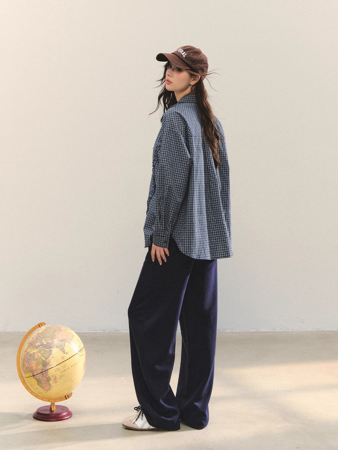 Plaid Ruffle Drawstring Pleated Shirt & Sweatpants Set