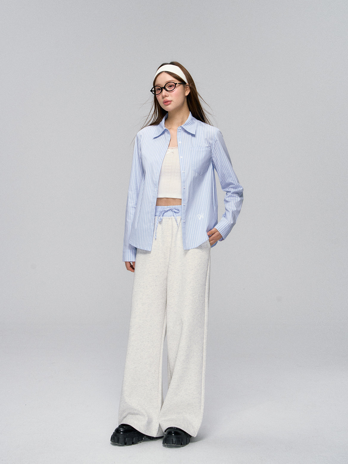 Striped Contrast Waist Wide-Leg Pants