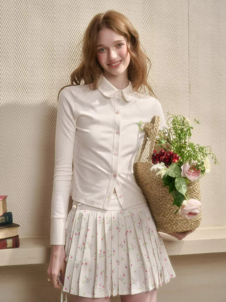 Polka Floral Satin Knit Cardigan & Skirt Set