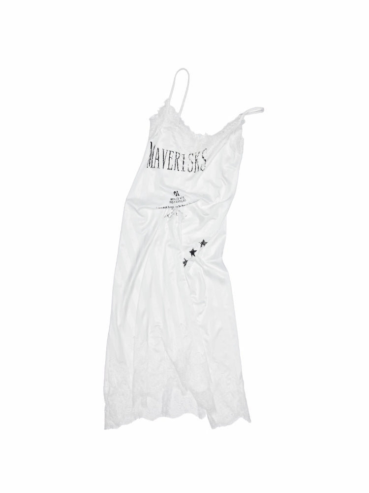 Satin Letter Print Spliced Lace Slip Midi Dress