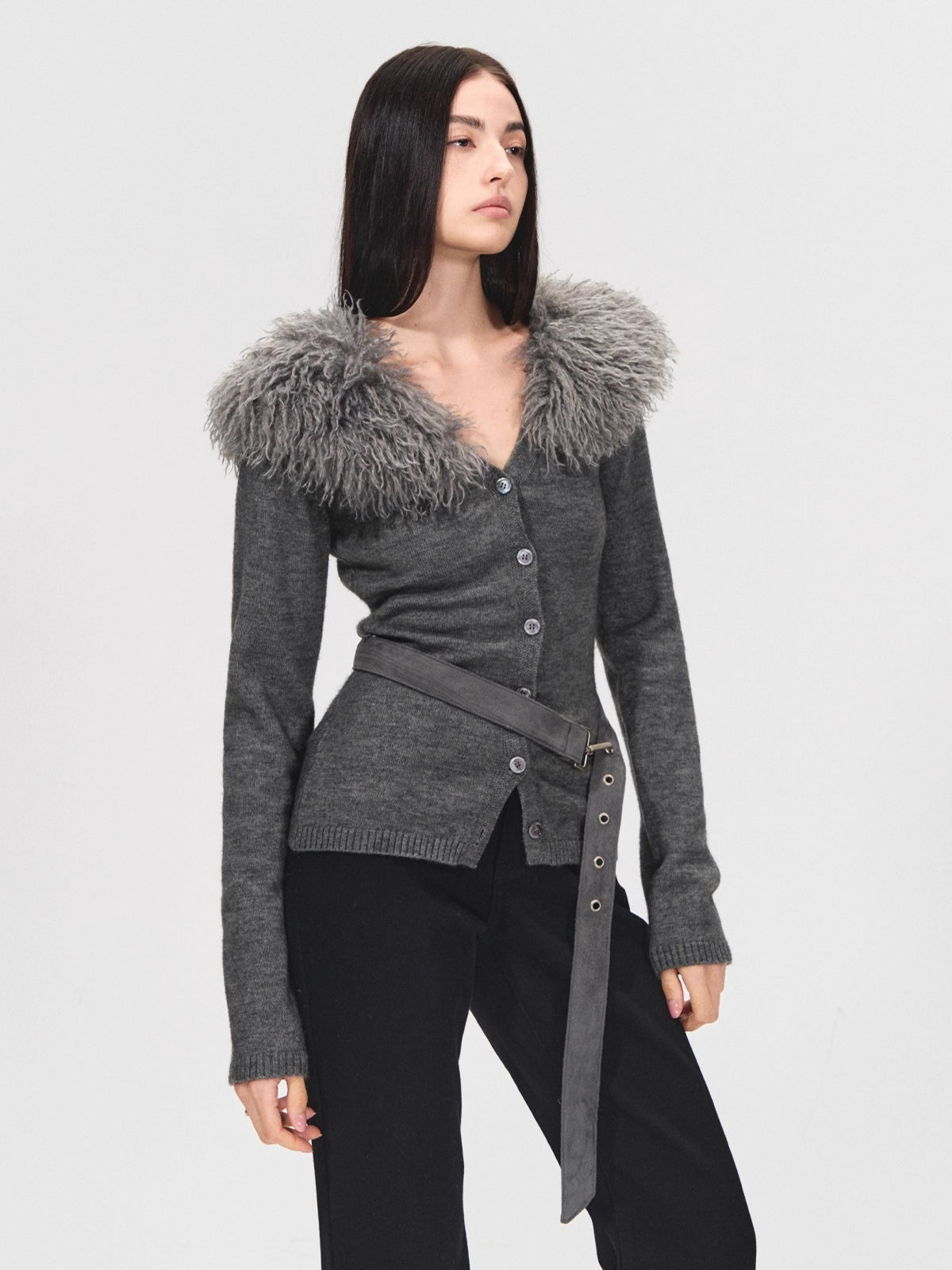 Detachable Fur Collar Suede Belted Cardigan