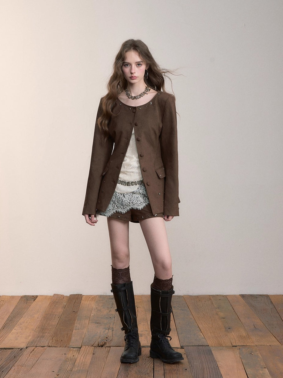 Brown Studded Suede Cinched Jacket