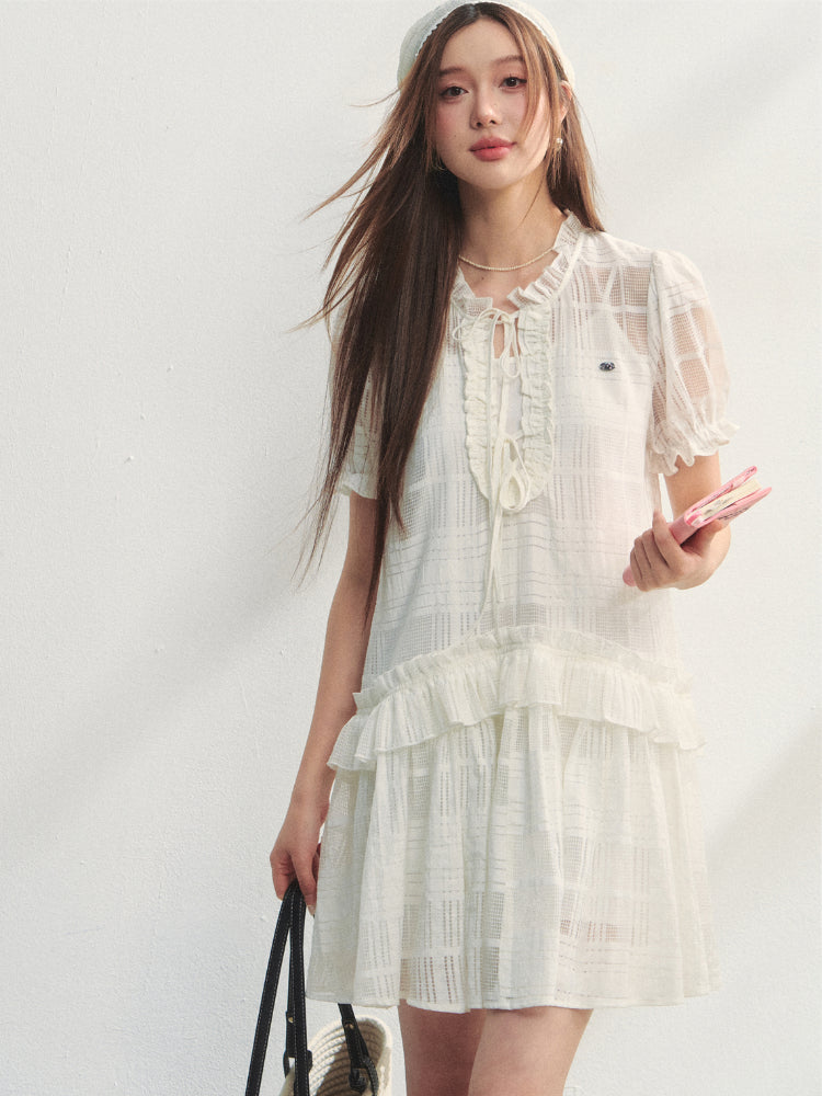 Checkered Hollow-Out Ruffled Dress Set