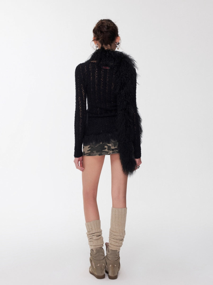 Cable Knit Faux-Fur Trim Fitted Sweater