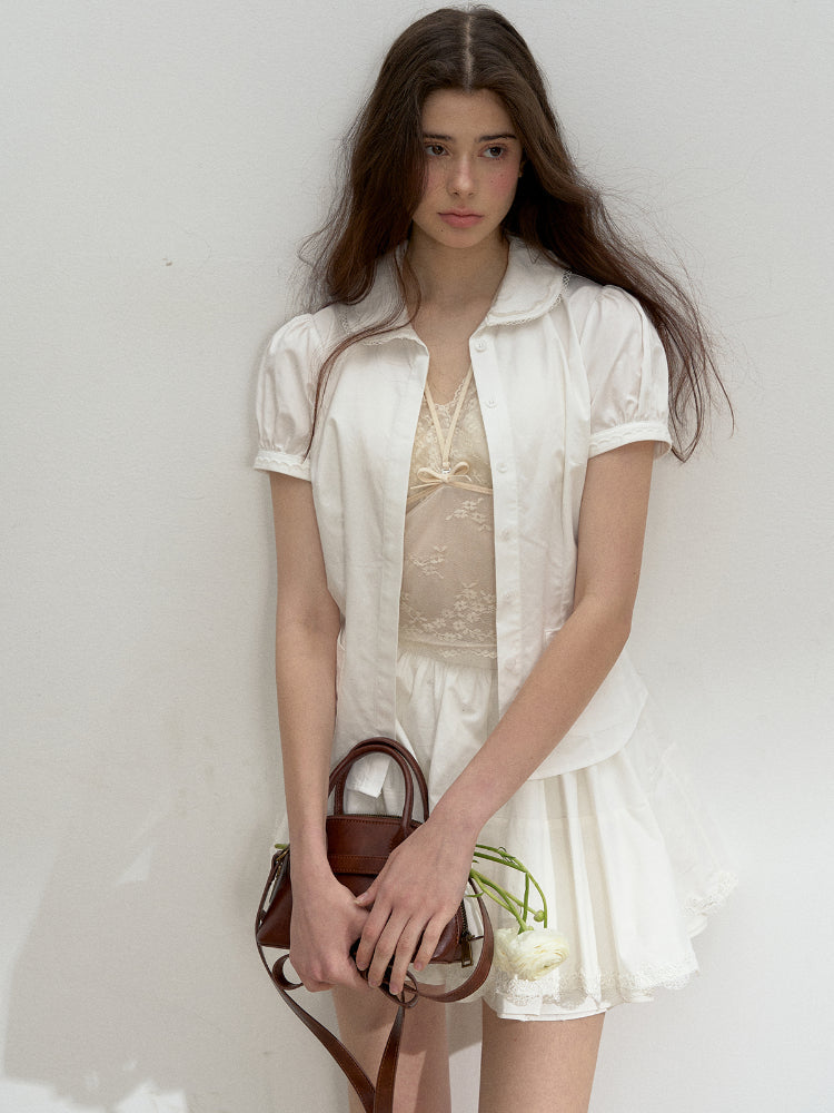 Cotton Lace Embroidered Collar Shirt & Skirt Set