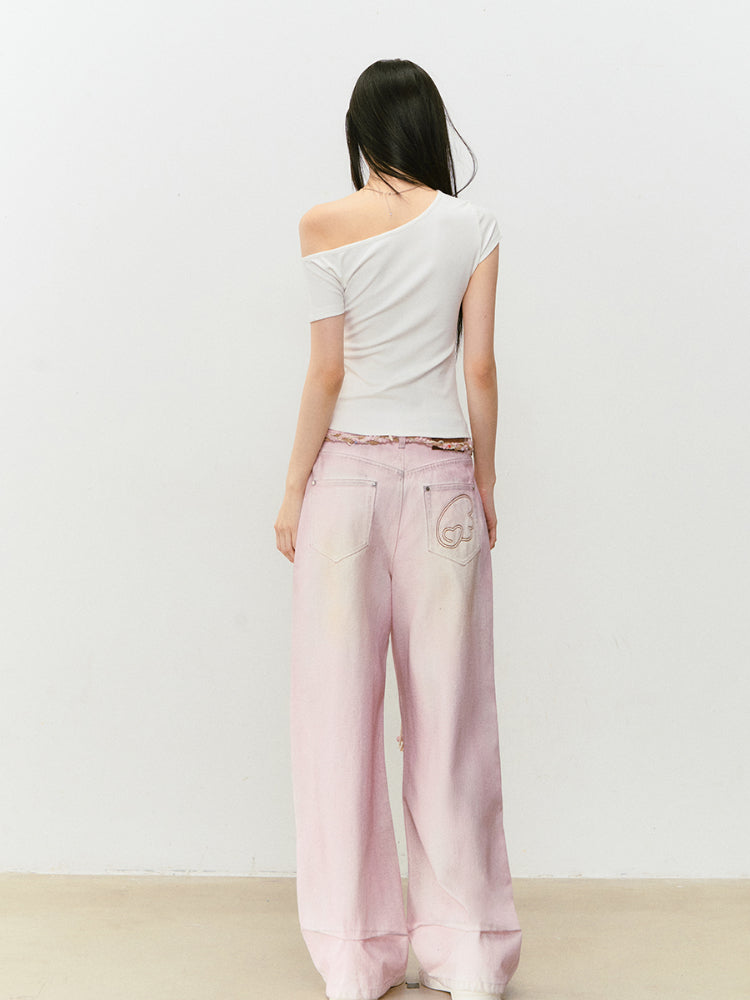 Printed Rhinestone Asymmetric Shoulder T-shirt