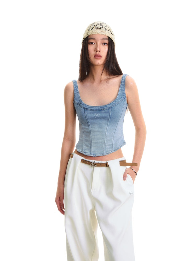 Twill Denim Big U-neck Waist Cinching Vest