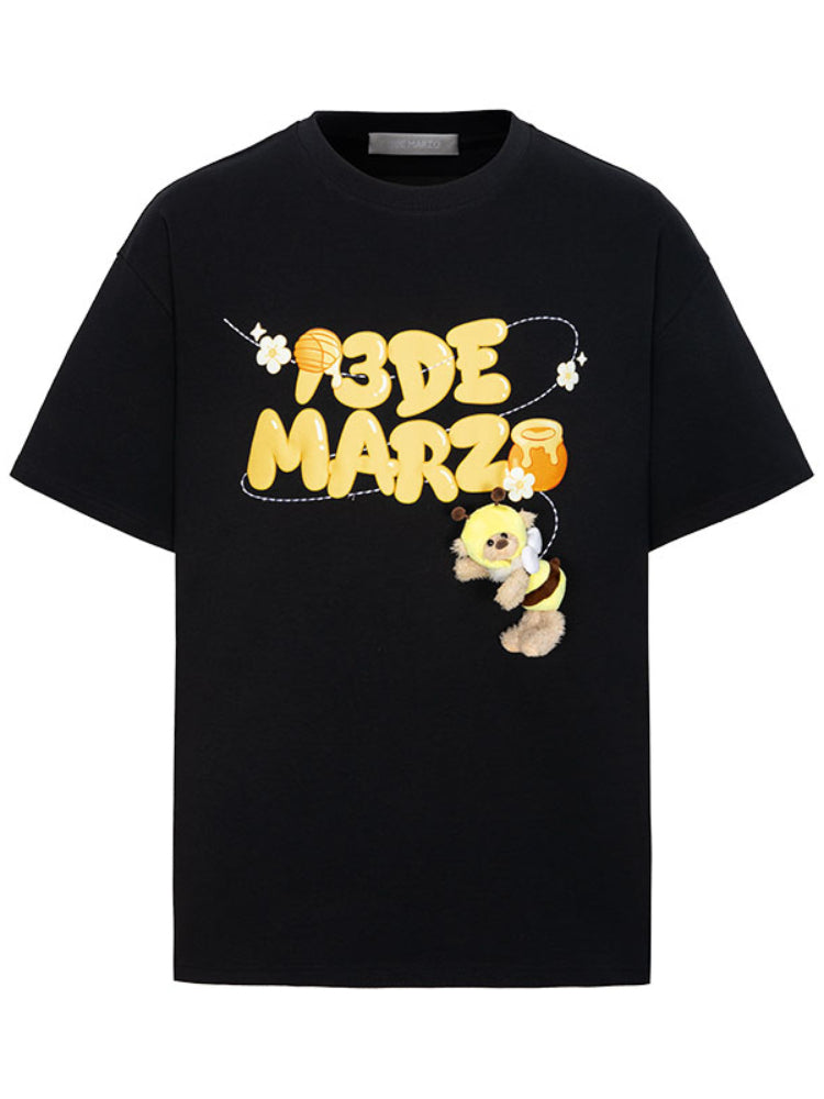 Bee Bear Illustration Round-Neck Cotton T-Shirt