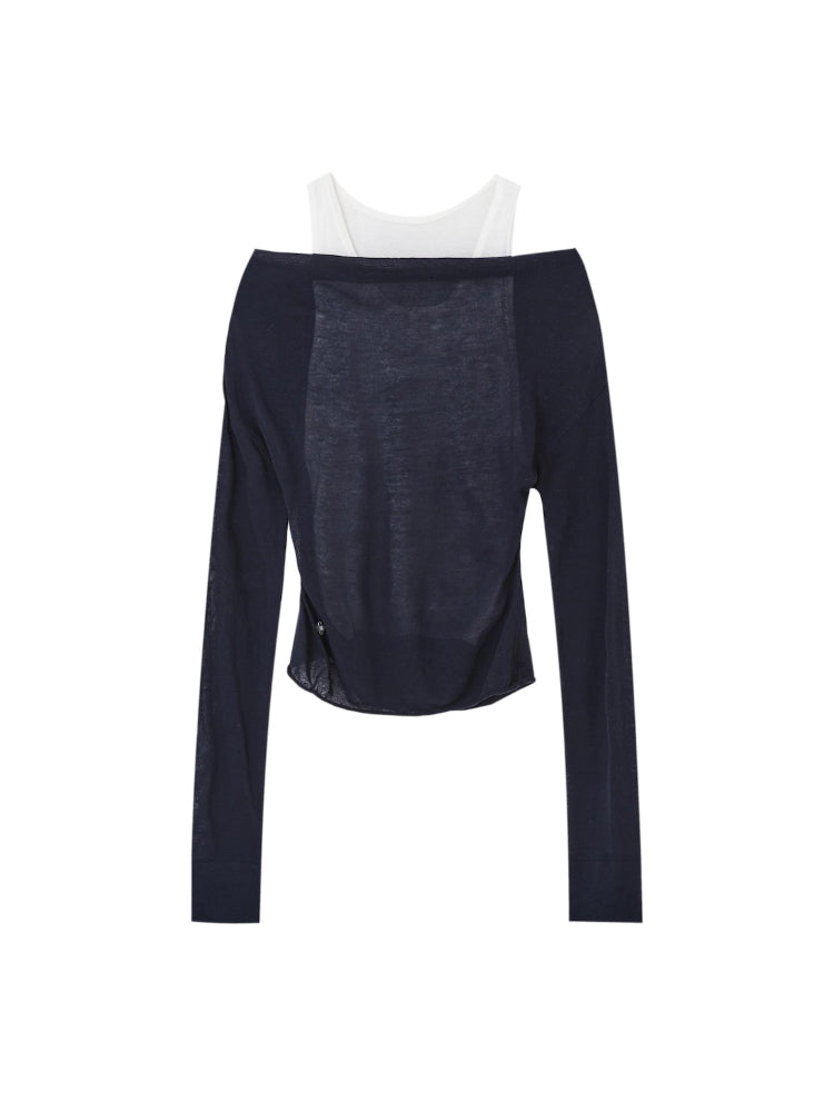 Fake Two-Piece Color-Block Draped Collar Knit Top