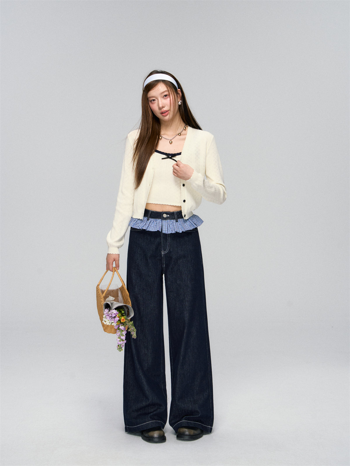 Ruffled Plaid Patchwork Straight Jeans