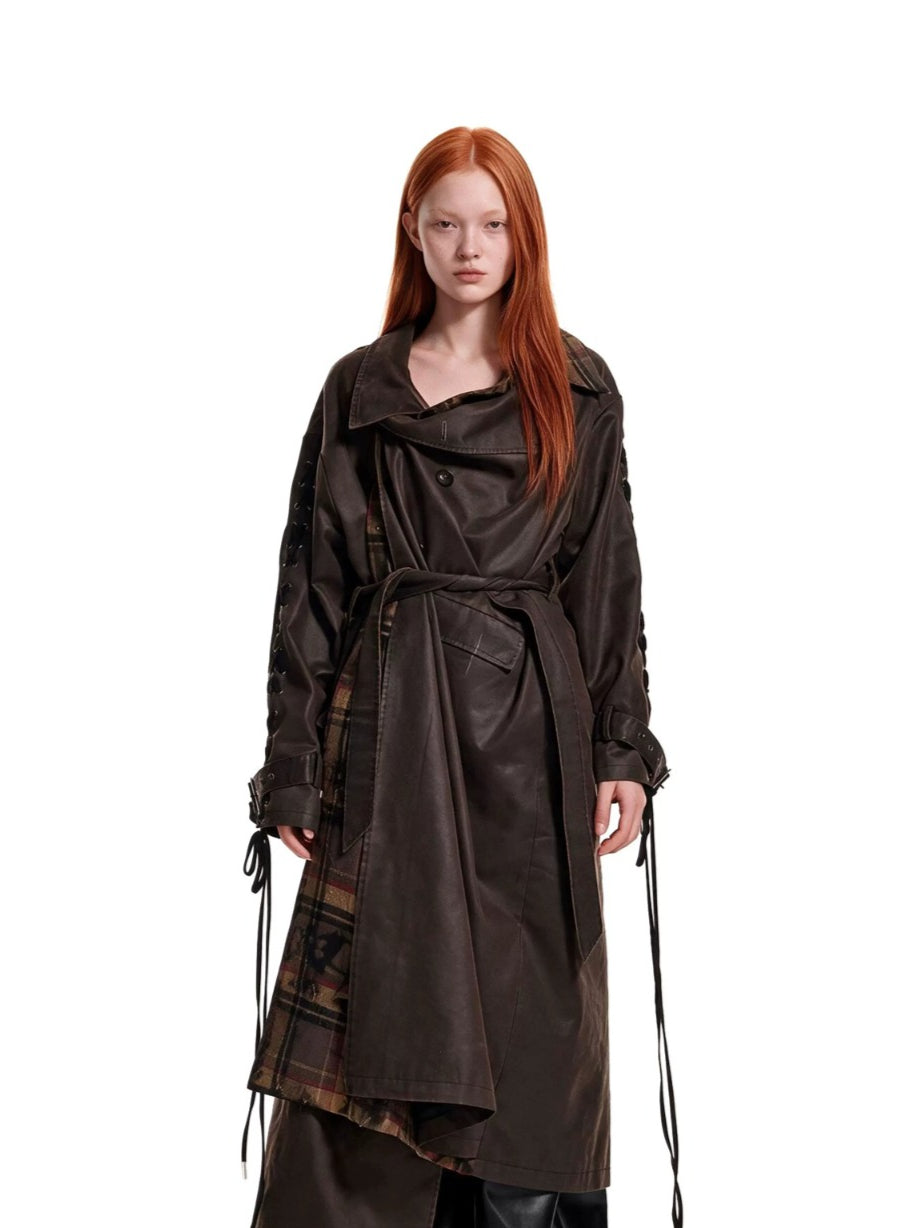 Distressed Contrast Panel Trench Coat