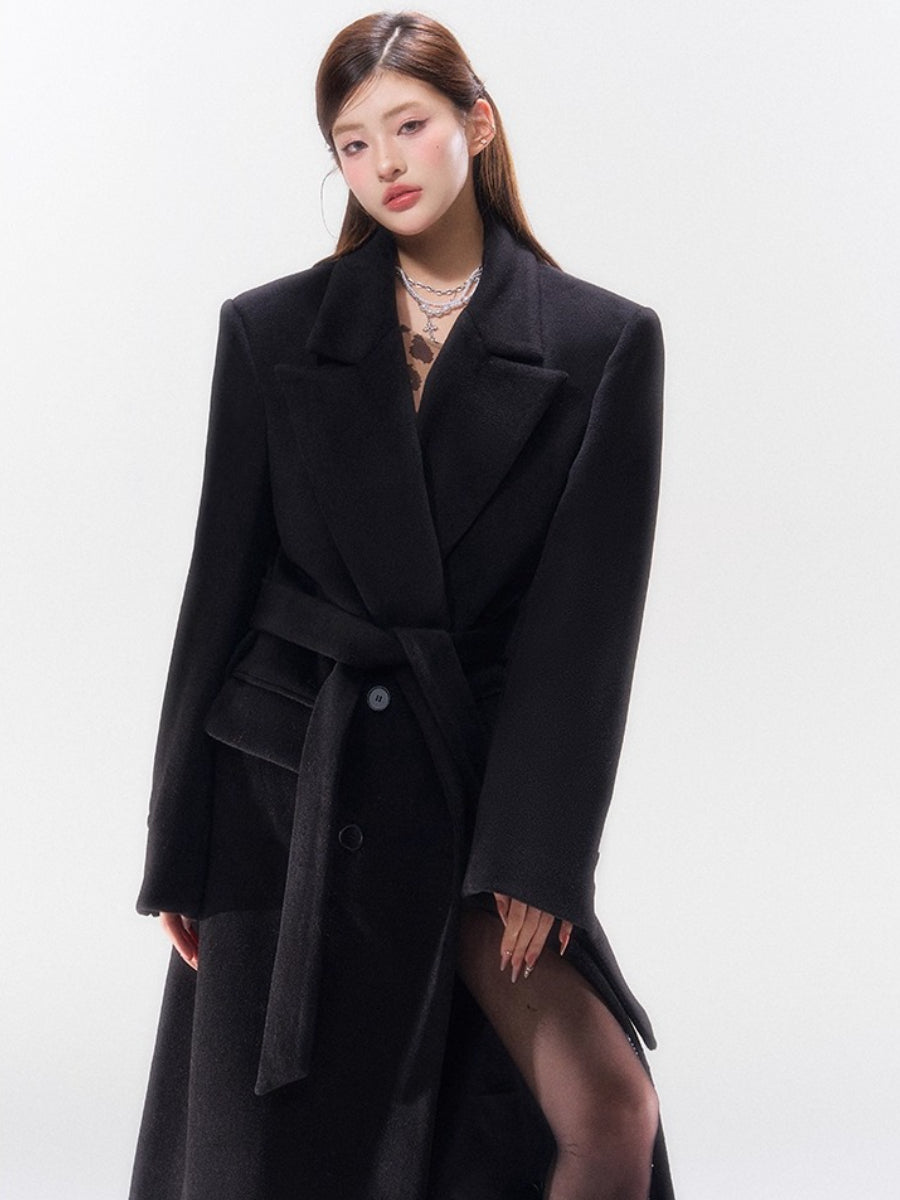 Hokkaido Wool-Blend Belted Lapel Long Coat