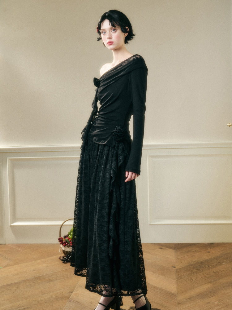 Lace Floral Asymmetrical Off-Shoulder Top & Skirt Set