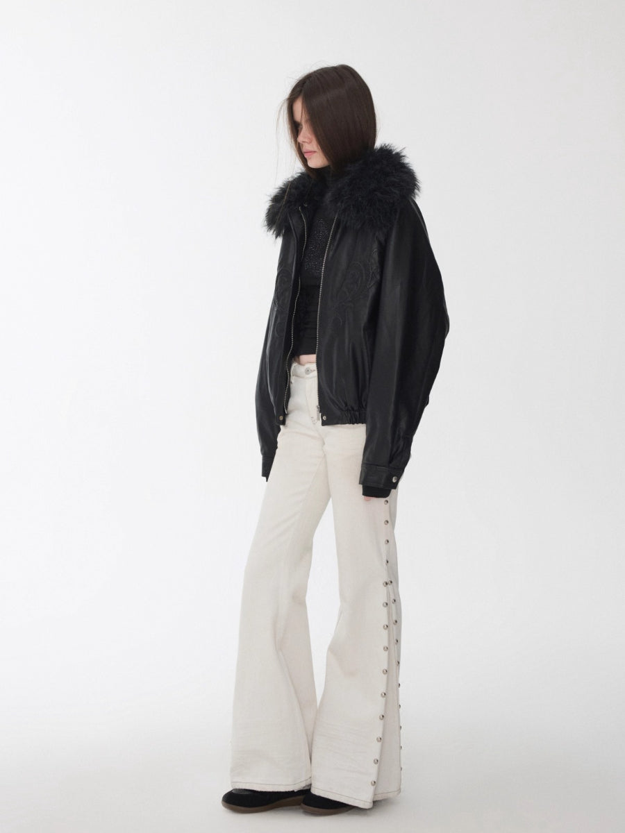 Embroidered Faux Fur Collar Leather Jacket