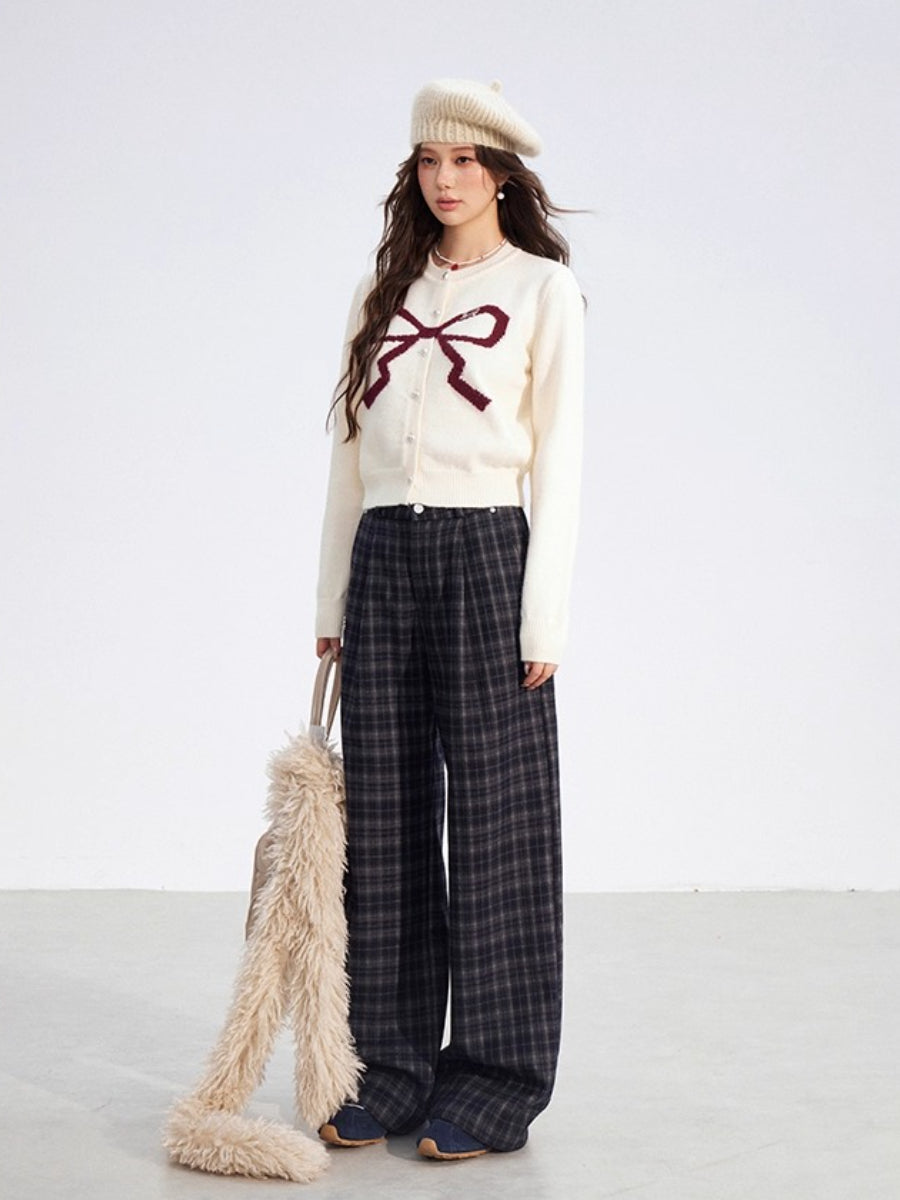 Gray Fleece Checkered Wide-Leg Pants
