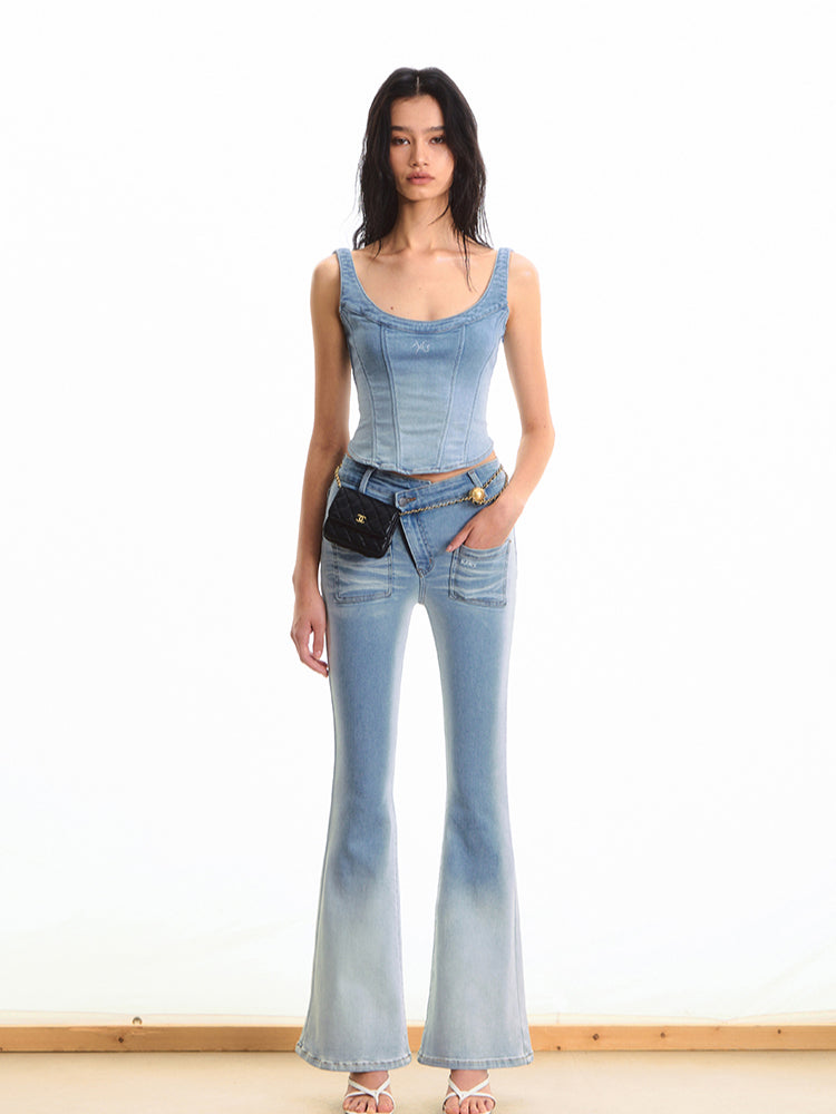 Twill Denim Big U-neck Waist Cinching Vest