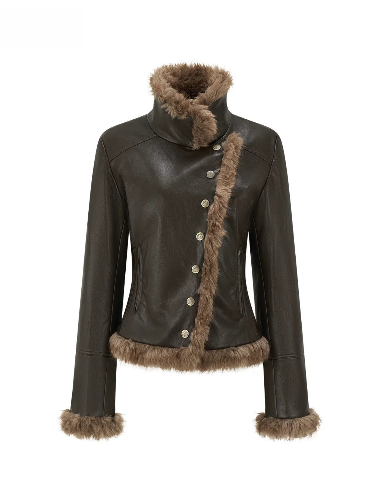 Asymmetric Fur-Trimmed Faux Leather Jacket