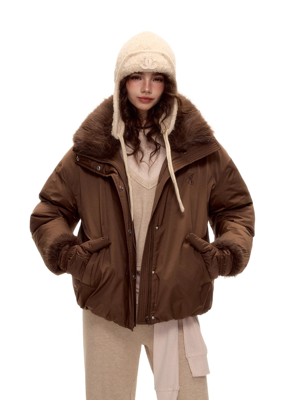 Detachable Fur Collar Short Down Jacket & Gloves Set