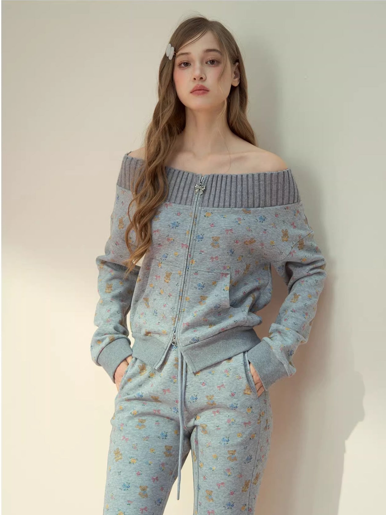 Floral Bear Bunny Off-Shoulder Sweatshirt & Pants Set