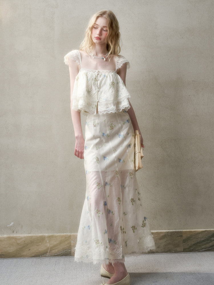 Lace Embroidery Flower French - Style Shirt & Skirt Set