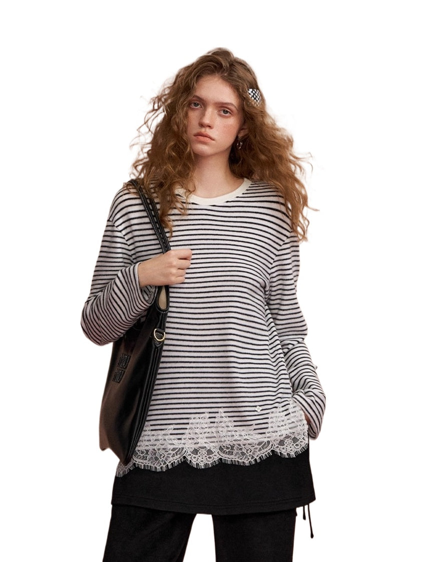 Lace Panel Fuzzy Stripe Tee
