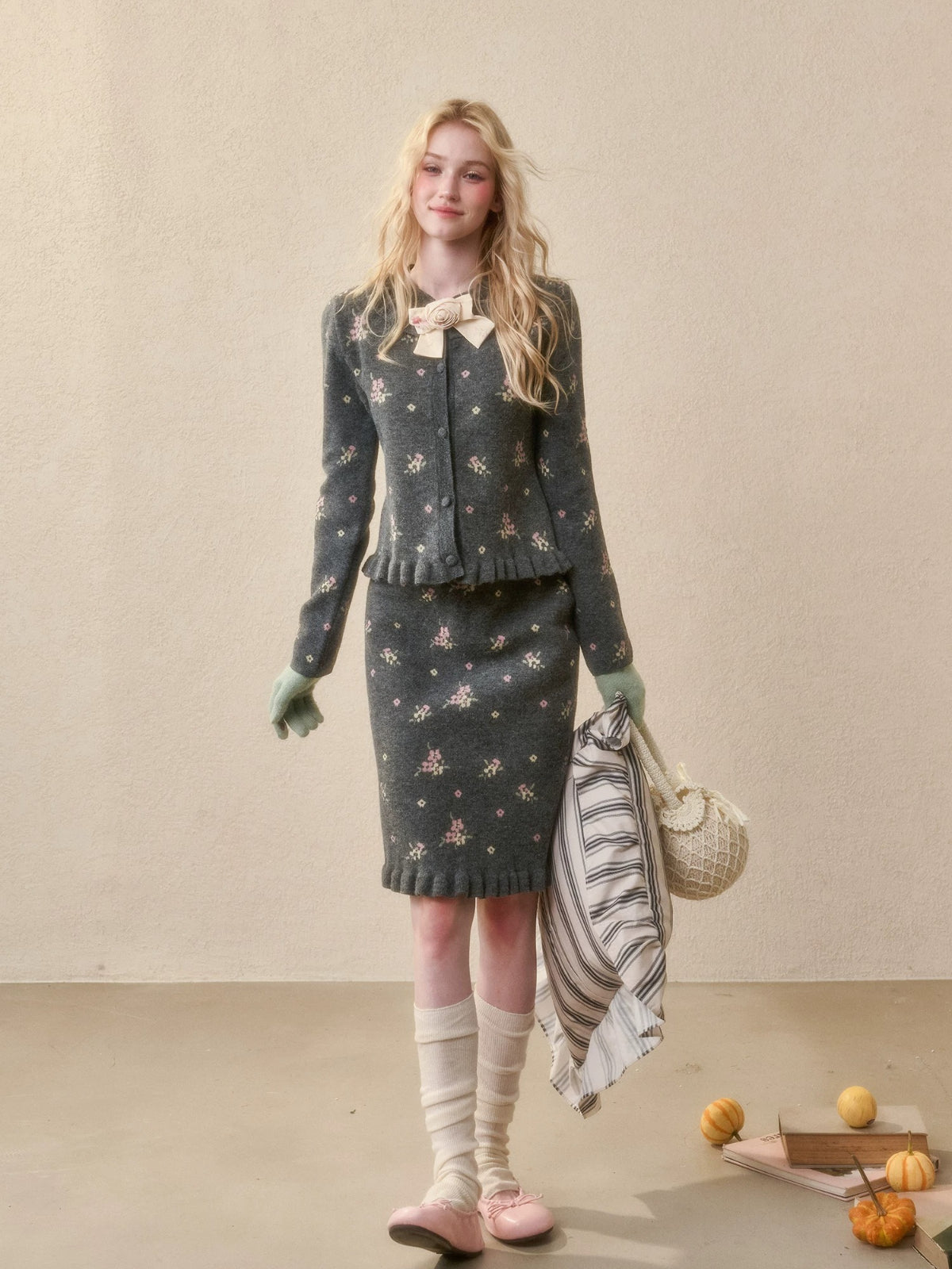 Floral Knit Cardigan & Skirt Set