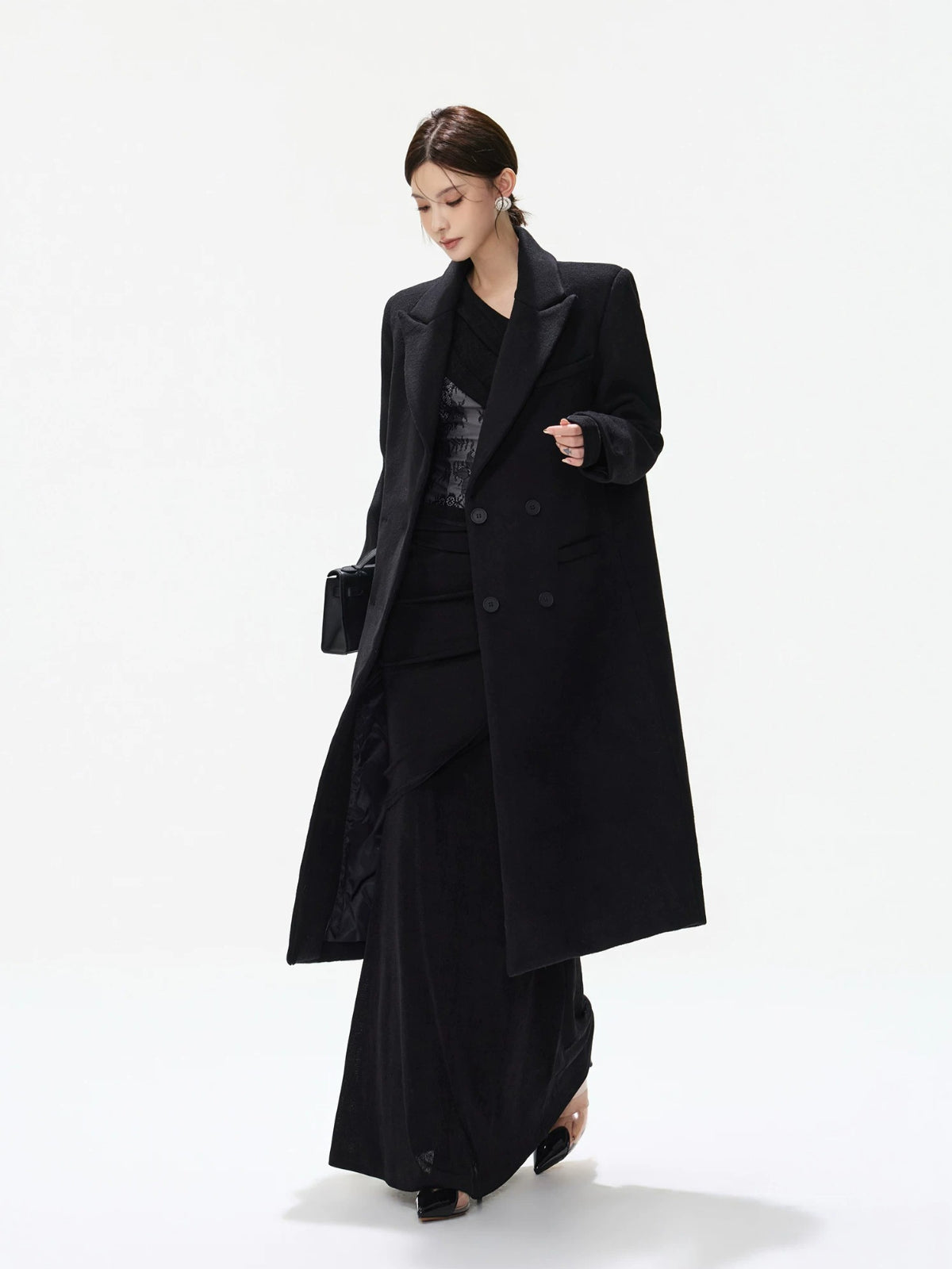 Black Tailored Wool Blend Long Coat