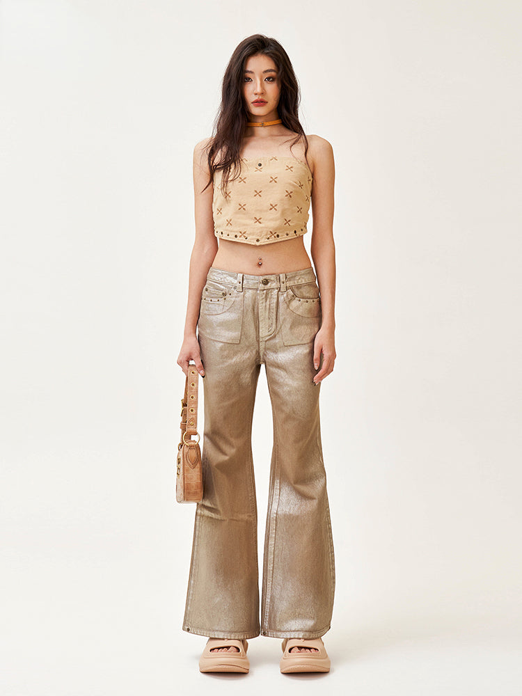Ancient Myth Handcrafted Gold Wax Mid-rise Flared Jeans